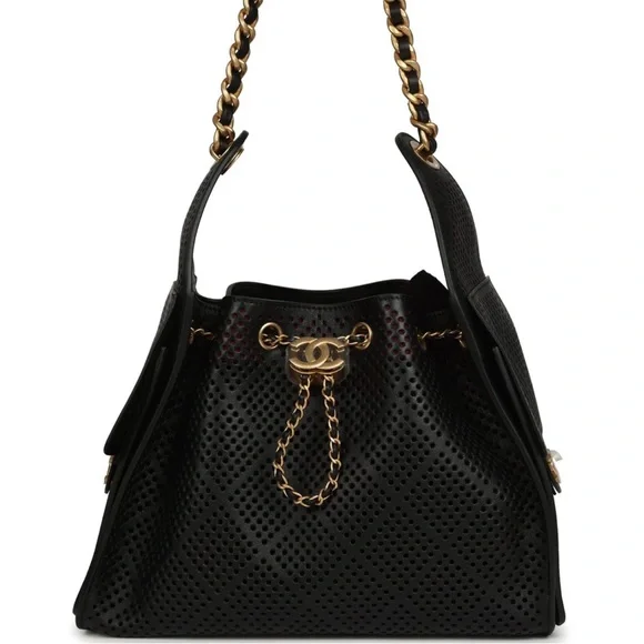 Chanel Small 25 Hobo Bag Black Perforated Calfskin Antique Gold Hardware - Picture 1 of 8